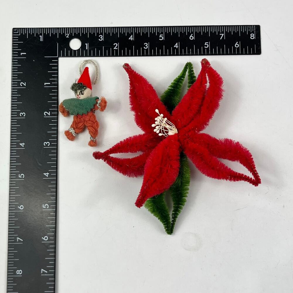 Vtg Mid‑Century Chenille Pipe Cleaner Poinsettia Elf Figurine Set Christmas - Picture 7 of 7